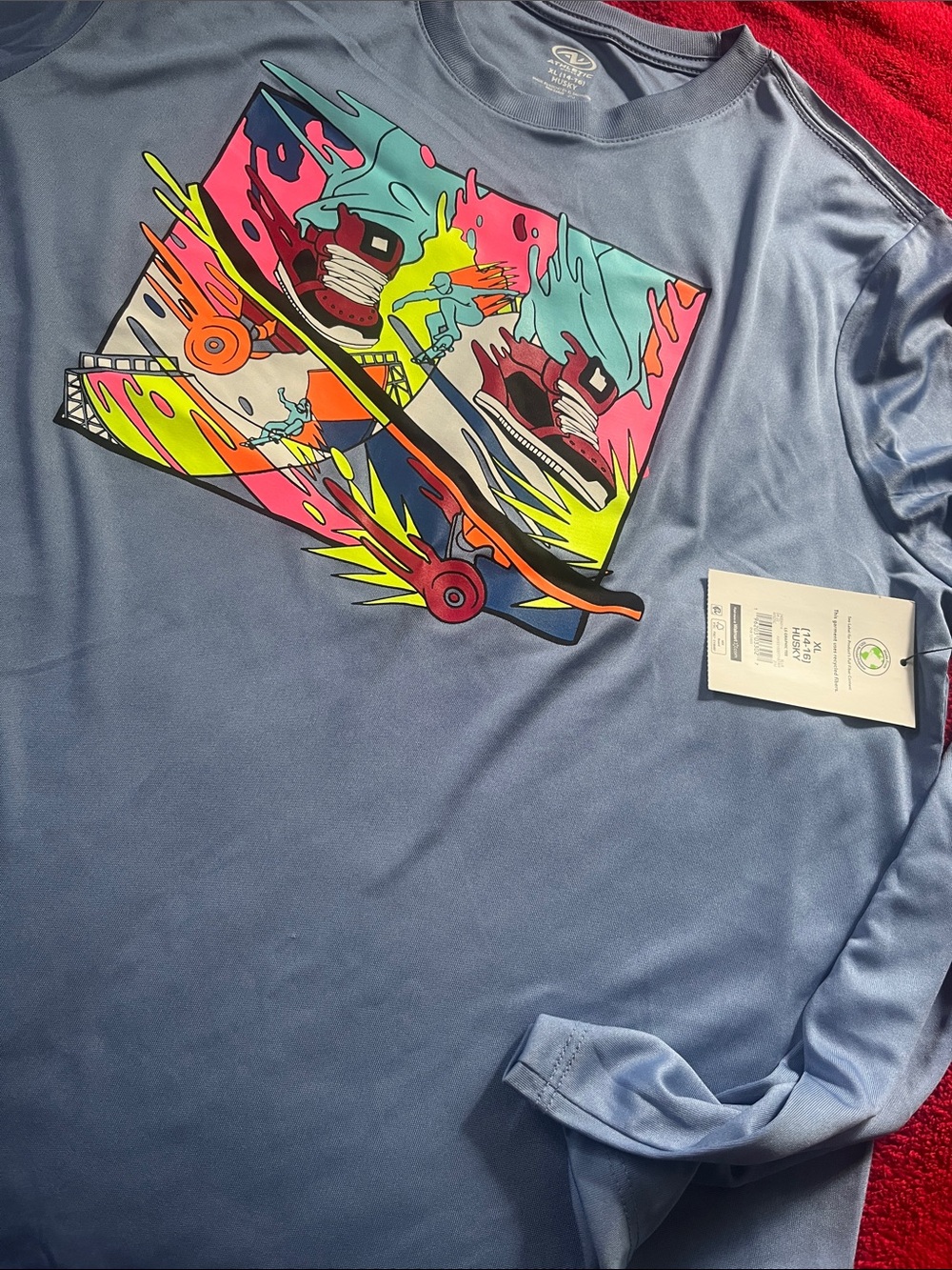 Athletic Works Light Blue Graphic Skateboard Tee with Neon Accents